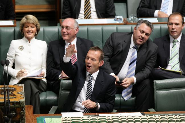 <p>Tony Abbott leads the Liberals during a Question Time at Parliament House. Picture: Kym Smith</p>