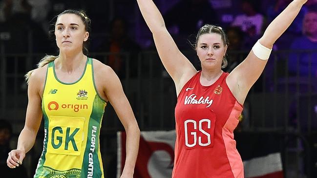 CAPE TOWN, SOUTH AFRICA - AUGUST 03: Sarah Klau of Australia and Eleanor Cardwell of England during the Netball World Cup 2023, Pool F match between Australia and England at Cape Town International Convention Centre Court 1 on August 03, 2023 in Cape Town, South Africa. (Photo by Ashley Vlotman/Gallo Images/Netball World Cup 2023 via Getty Images)