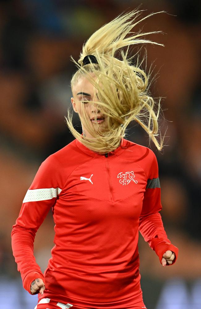 A hair-raising time in Hamilton for Alisha Lehmann of Switzerland as she warms up prior to the game against Norway. Picture: Hannah Peters/Getty Images