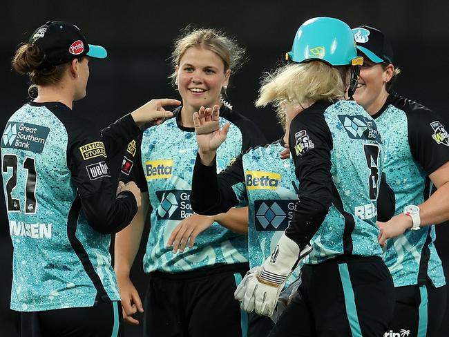 PERTH, AUSTRALIA - NOVEMBER 29: Georgia Voll of the Heat celebrates the wicket of Sophie Devine of the Scorchers during The Challenger WBBL finals match between Perth Scorchers and Brisbane Heat at the WACA, on November 29, 2023, in Perth, Australia. (Photo by Paul Kane/Getty Images)