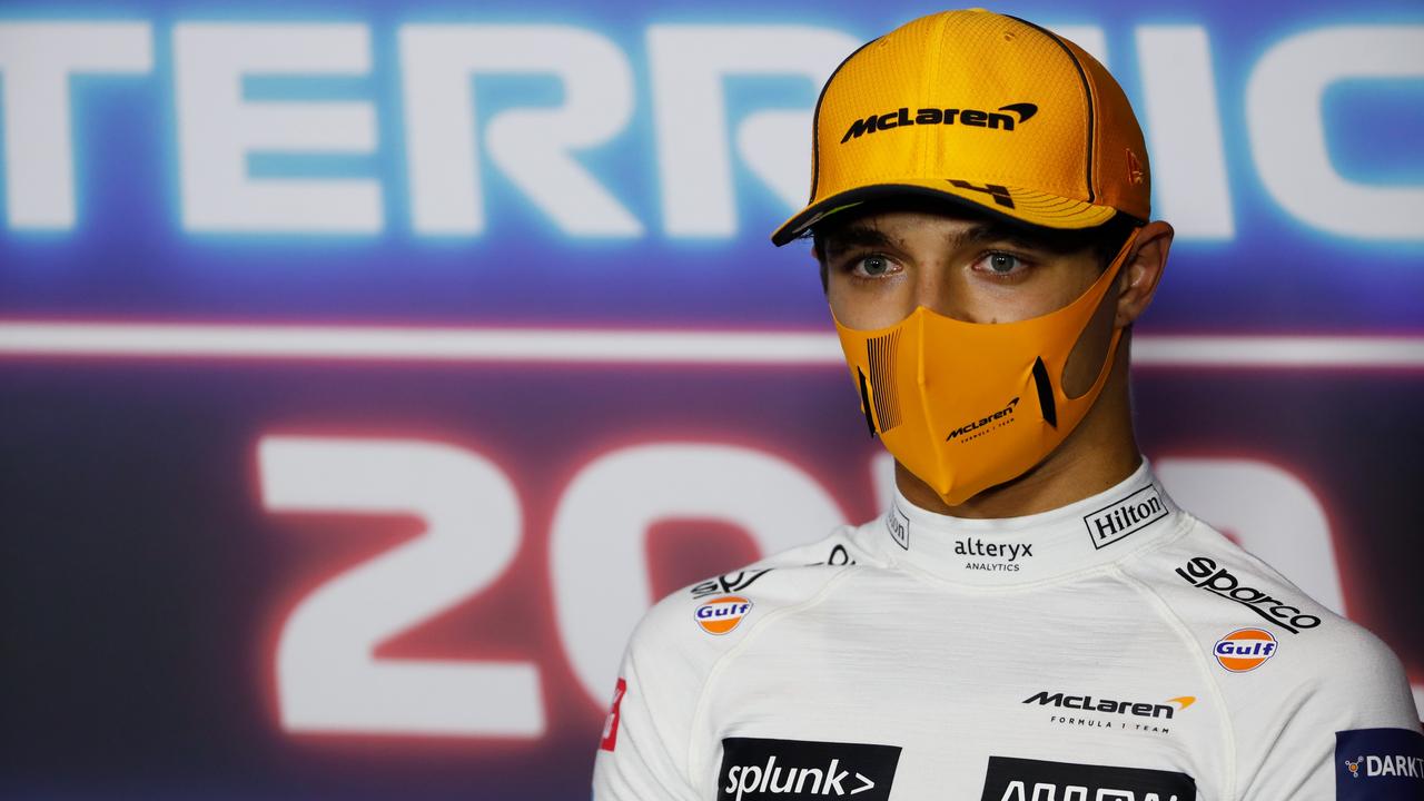 SPIELBERG, AUSTRIA - JULY 04: Third placed Lando Norris of Great Britain and McLaren F1 talks in the drivers press conference after the F1 Grand Prix of Austria at Red Bull Ring on July 04, 2021 in Spielberg, Austria. (Photo by Sam Bloxham - Pool/Getty Images)