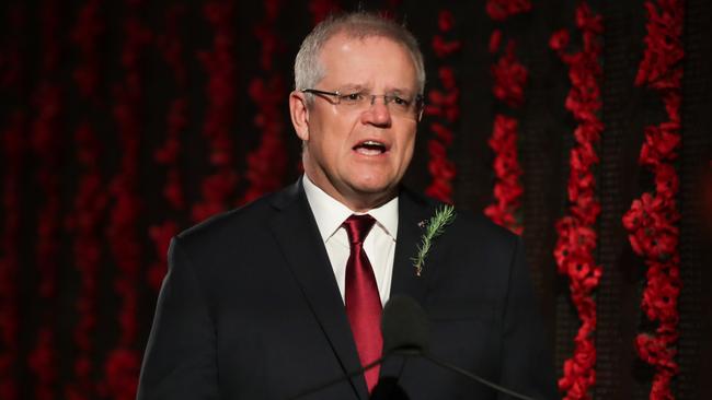 Prime Minister Scott Morrison attended Anzac Day commemorations in Canberra on Sunday. Picture: Alex Ellinghausen