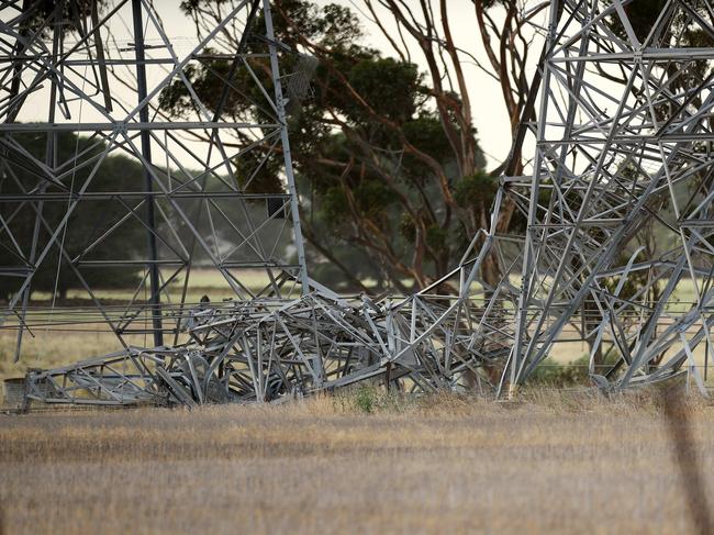 WIld weather brought down powerline towers near Carrs Rd Anakie. Picture: Alison Wynd