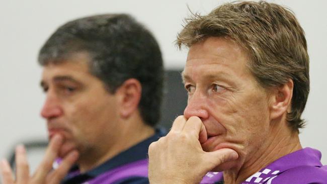 MELBOURNE, AUSTRALIA - JUNE 06:  Storm football manager Frank Ponissi and Storm coach Craig Bellamy listen as Gerry Ryan, Storm Non-Executive Chairman Bart Campbell and Matthew Tripp (unseen) speak to the media during a Melbourne Storm NRL press conference at AAMI Park on June 6, 2013 in Melbourne, Australia. Melbourne Storm today announced the final shareholders and directors completing the shareholder group and board of Holding M.S Australia Pty Ltd, who acquired the club two weeks ago.  (Photo by Scott Barbour/Getty Images) Supplied for Garry Ferris