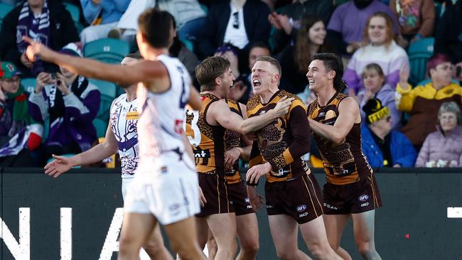 LAUNCESTON, AUSTRALIA - JULY 13: James Sicily of the Hawks celebrates a goal during the 2024 AFL Round 18 match between the Hawthorn Hawks and the Fremantle Dockers at the UTAS Stadium on July 13, 2024 in Launceston, Australia. (Photo by Michael Willson/AFL Photos via Getty Images)