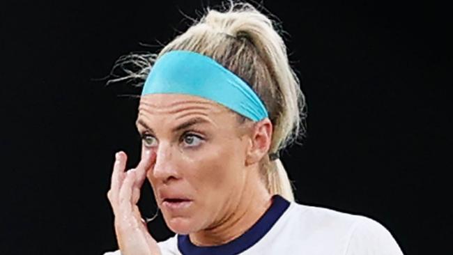 Julie Ertz reacts to Sweden's third goal.