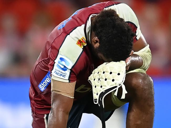 BRISBANE, AUSTRALIA - MARCH 30: Seru Uru of the Reds reacts after his team's defeat during the round six Super Rugby Pacific match between Queensland Reds and ACT Brumbies at Suncorp Stadium, on March 30, 2024, in Brisbane, Australia. (Photo by Albert Perez/Getty Images)