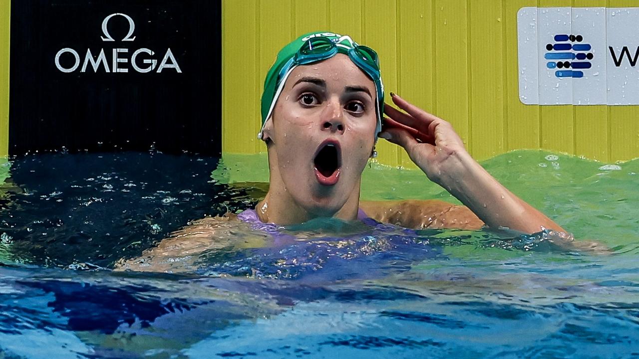 Kaylee McKeown reacts to breaking the 50m backstroke world record. (Photo by David Balogh/Getty Images)