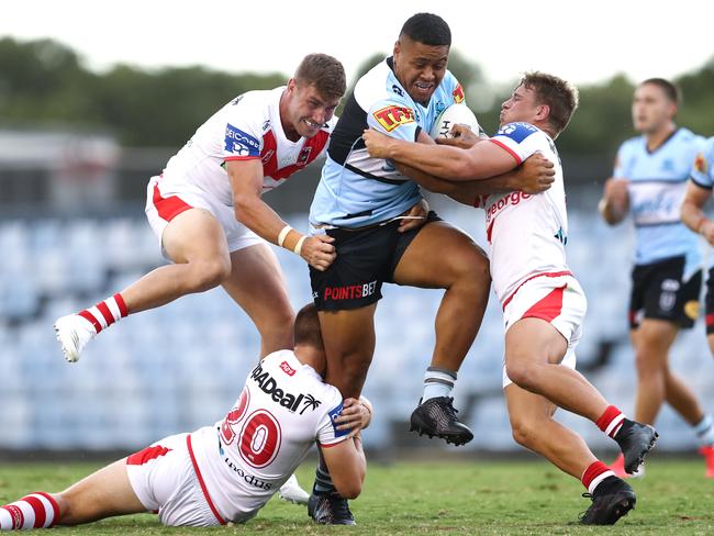 Franklin Pele of the Sharks packs plenty of punch when on the charge. Picture: Brendon Thorne/Getty Images