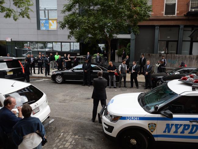 Heavy security outside Kim Kardashian and Kanye West’s NYC apartment in Tribeca. Picture: Splash News