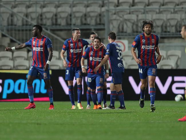 The Jets celebrate Jason Hoffman’s goal in their 3-0 win over Wellington Phoenix. Picture: Matt King/Getty Images