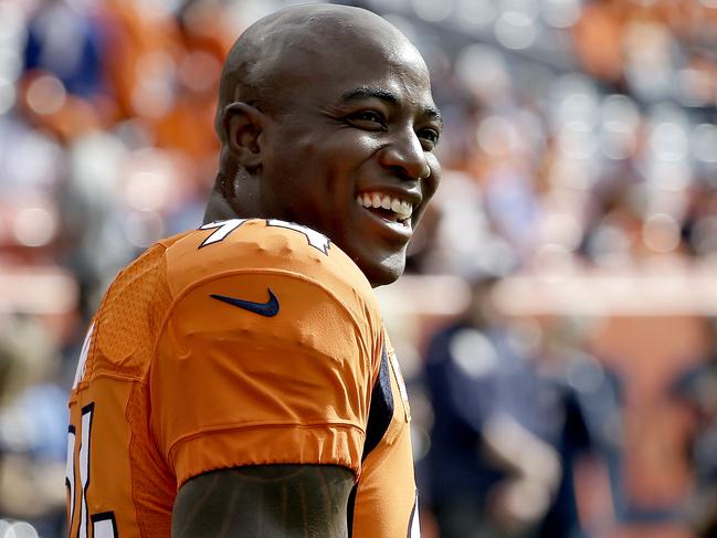 This Oct. 30, 2016 photo shows Denver Broncos outside linebacker DeMarcus Ware (94) smiling prior to an NFL football game against the San Diego Chargers in Denver. Ware won't be returning to either the Dallas Cowboys or the Denver Broncos as expected. The 12-year NFL veteran is instead retiring from the NFL. Ware announced his decision Monday, March 13, 2017 on Twitter. (AP Photo/Jack Dempsey, file )