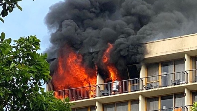 Fire gutted two rooms on the top floor of the Pacific Hotel, Cairns in 2021. Supplied