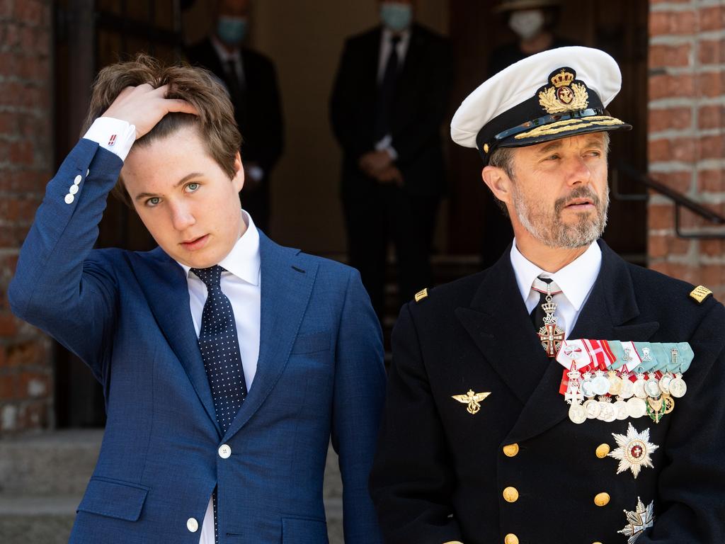Prince Frederik and Prince Christian stand at St Mary's Cathedral in Hadersleben to welcome Federal President Steinmeier and his wife. Picture: Bernd von Jutrczenka/picture alliance via Getty Images