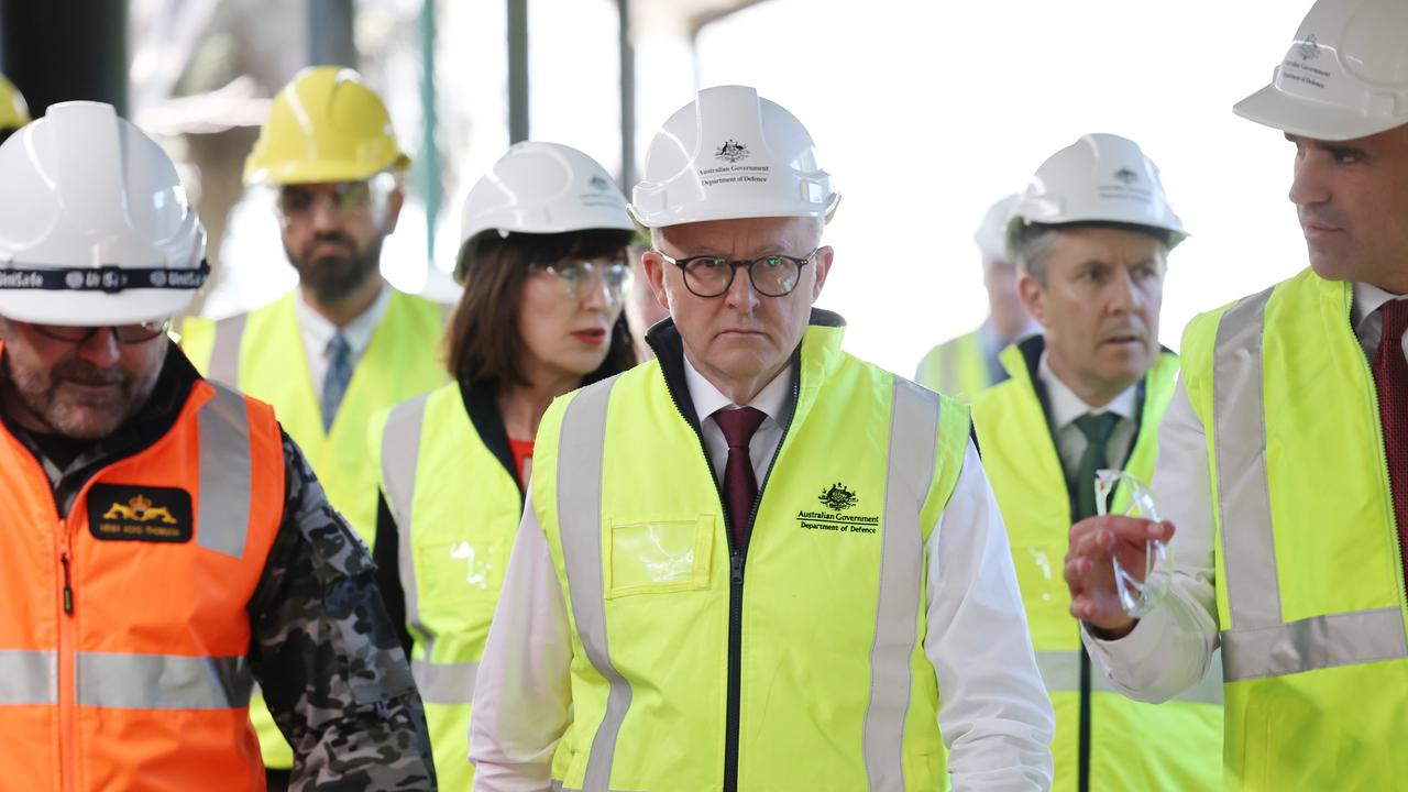 Prime Minister Anthony Albanese tours the Osborne naval shipyard with Deputy Premier Susan Close and Premier Peter Malinauskas on Monday. NCA NewsWire / David Mariuz