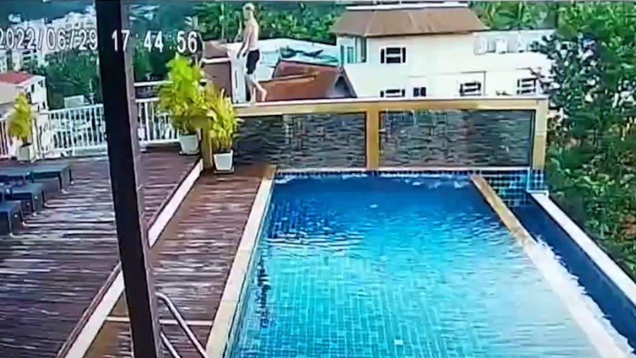 CCTV shows Australian tourist Joshua James Connell, 19, (walking along a wall at the side of the swimming pool then falling from a hotel roof in Phuket, Thailand. Picture: supplied