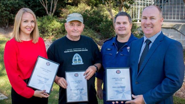 Rouse Hill Anglican College teachers honoured by Ambulance NSW. From left: Teacher Karen Knight, heart attack survivor Bill Whybrew, NSW Ambulance paramedic (and first responder on the day) Brian Parsell and teacher Paul Kennedy