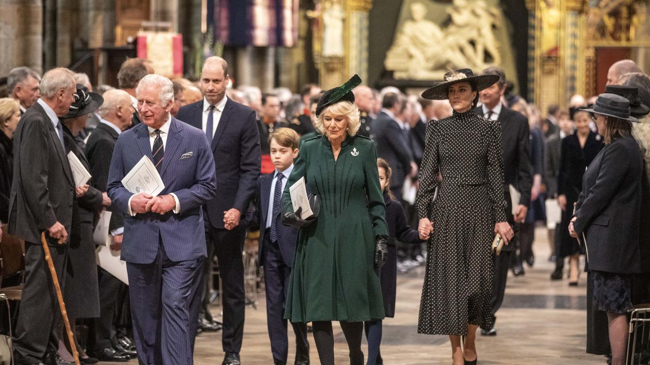 The royal family left the service in order of succession, highlighting how Prince Harry would have been behind his nephew and niece. Picture: Richard Pohle – WPA Pool/Getty Images.