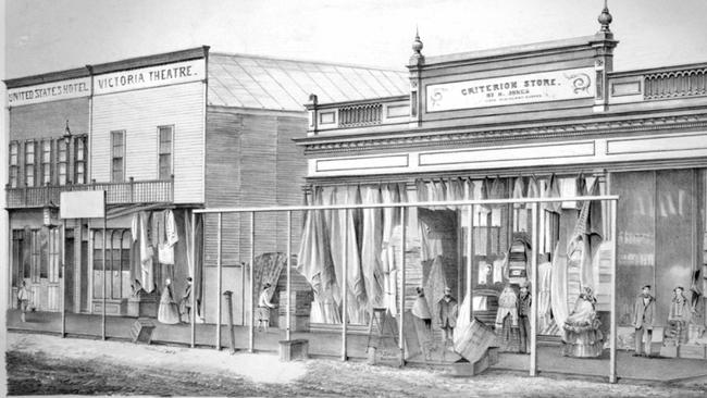 The main street of Ballarat in the 1850s, including the United States Hotel where Lola Montez’s infamous whip attack took place.