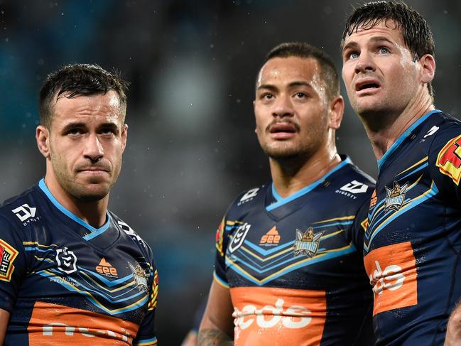 GOLD COAST, AUSTRALIA - JULY 26: Corey Thompson, Phillip Sami and Anthony Don of the Titans look on during the round 11 NRL match between the Gold Coast Titans and the Penrith Panthers at Cbus Super Stadium on July 26, 2020 in Gold Coast, Australia. (Photo by Matt Roberts/Getty Images)
