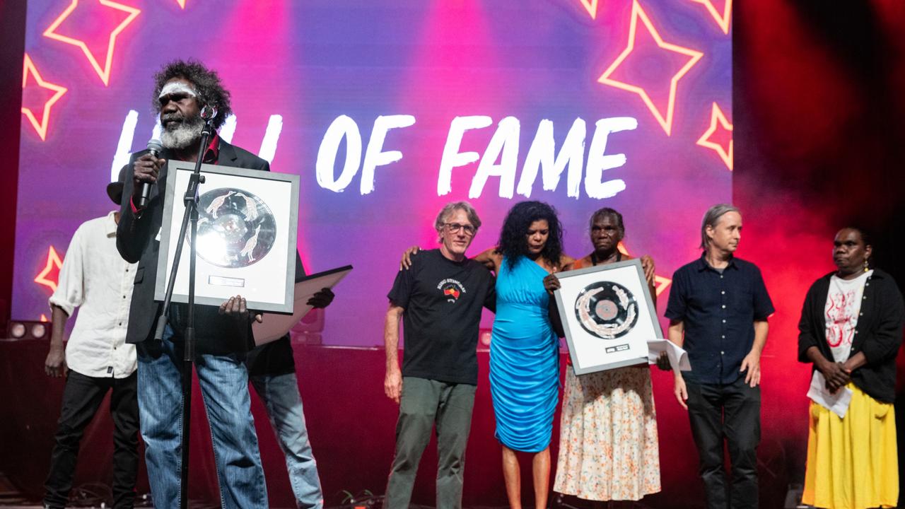 Yothu Yindi was inducted into the Hall of Fame during the National Indigenous Music Awards at Darwin Amphitheatre on Saturday night. Picture: Tamati Smith/Getty Images