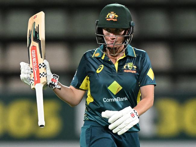 HOBART, AUSTRALIA - JANUARY 30: Beth Mooney of Australia celebrates scoring a half century during game three of the Women's T20 International series between Australia and South Africa at Blundstone Arena on January 30, 2024 in Hobart, Australia. (Photo by Steve Bell/Getty Images)