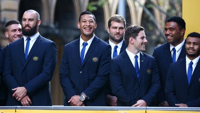 Pictured in Martin Place, Sydney today is Israel Folau and teammates, at the Wallabies public farewell before they head off to the Rugby World Cup. Picture: Tim Hunter.