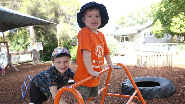 Kai and Knox having some climbing fun at Belmont Community Kindergarten, rated as overall exceeding the national quality standards taken from seven key areas. Picture: Alan Barber