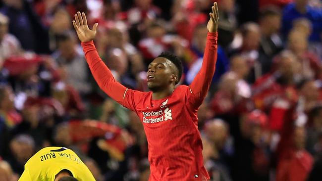 Liverpool’s Daniel Sturridge celebrates scoring against Villarreal in their Europa League semi-final at Anfield.