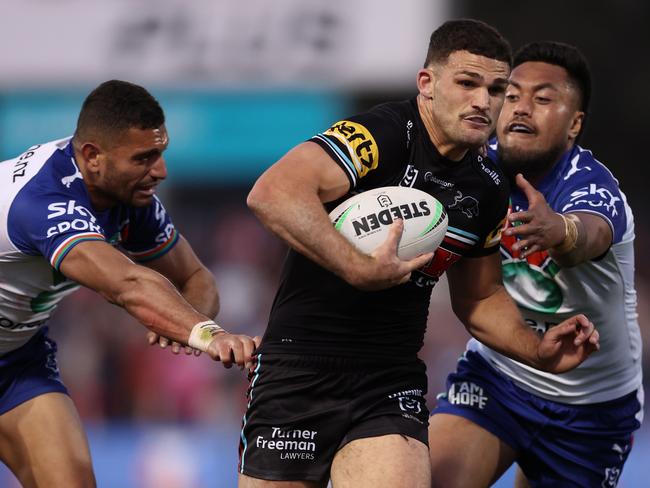 PENRITH, AUSTRALIA - SEPTEMBER 09:  Nathan Cleary of the Panthers is tackled during the NRL Qualifying Final match between Penrith Panthers and New Zealand Warriors at BlueBet Stadium on September 09, 2023 in Penrith, Australia. (Photo by Matt King/Getty Images)