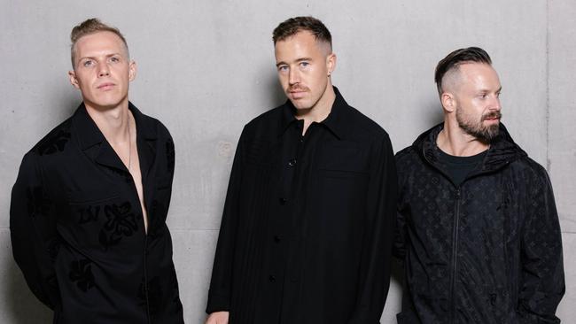 Australian alternative dance music trio Rufus Du Sol, pictured in Sydney ahead of the 2022 ARIA Awards. L-R: Tyrone Lindqvist, James Hunt and Jon George. Picture: supplied