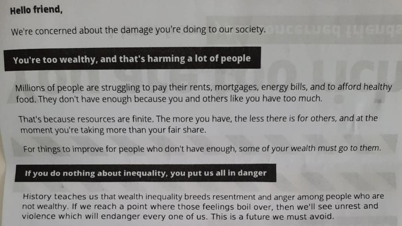 The letter warns their wealth is putting ‘us all in danger’. Picture: Twitter/Jenny Taylor