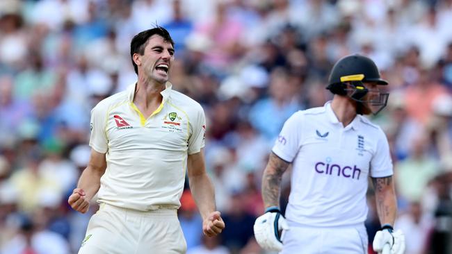 Now that’s a send-off: Pat Cummins celebrates the wicket of Ben Stokes. Picture: Getty