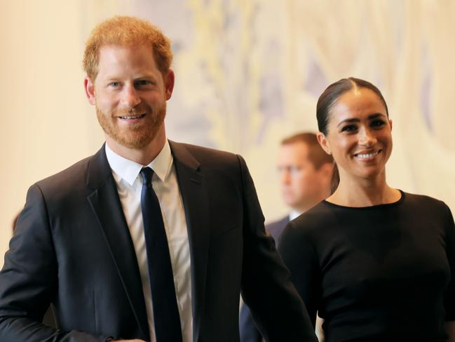 NEW YORK, NEW YORK - JULY 18:  Prince Harry, Duke of Sussex and Meghan, Duchess of Sussex arrive at the United Nations Headquarters on July 18, 2022 in New York City. Prince Harry, Duke of Sussex is the keynote speaker during the United Nations General assembly to mark the observance of Nelson Mandela International Day where the 2020 U.N. Nelson Mandela Prize will be awarded to Mrs. Marianna Vardinogiannis of Greece and Dr. Morissanda KouyatÃÂ© of Guinea.  (Photo by Michael M. Santiago/Getty Images)