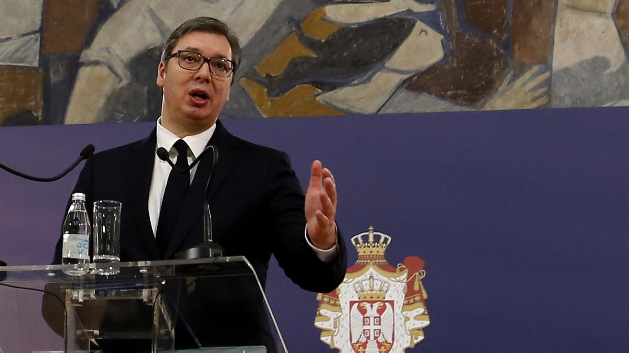 Serbian President Aleksandar Vucic speaking on Wednesday in Belgrade, the country’s capital. Picture: AP Photo/Darko Vojinovic.