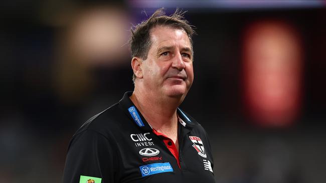 St Kilda coach Ross Lyon is going full throttle for the final two weeks of the season. Picture: Graham Denholm/AFL Photos/via Getty Images