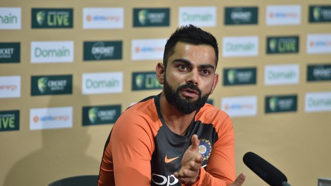 India cricket captain Virat Kohli attends a press conference ahead of the first Test at the Adelaide Oval in Adelaide on December 5, 2018. (Photo by PETER PARKS / AFP) / -- IMAGE RESTRICTED TO EDITORIAL USE - STRICTLY NO COMMERCIAL USE --