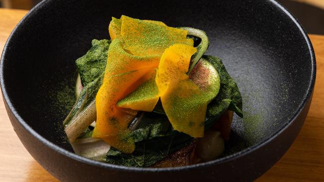 Shio koji grilled pumpkin, grains, fig, black garlic, rainbow chard. Picture: David Kelly