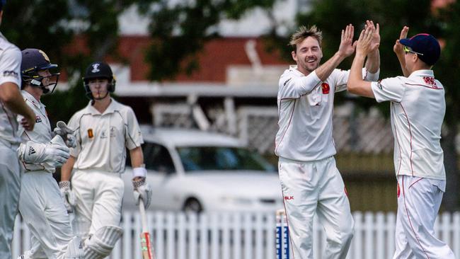 East Torrens’ Michael Cranmer celebrates a wicket. Picture: AAP/Morgan Sette