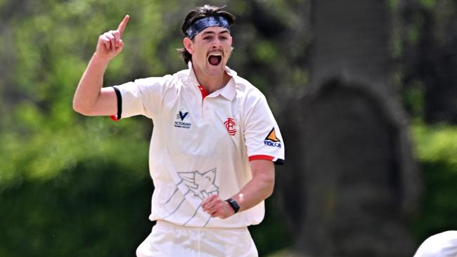 EssendonÃs Cam McClure during the Premier Cricket match between Melbourne and Essendon in Melbourne, Saturday, Oct. 21, 2023. Picture: Andy Brownbill