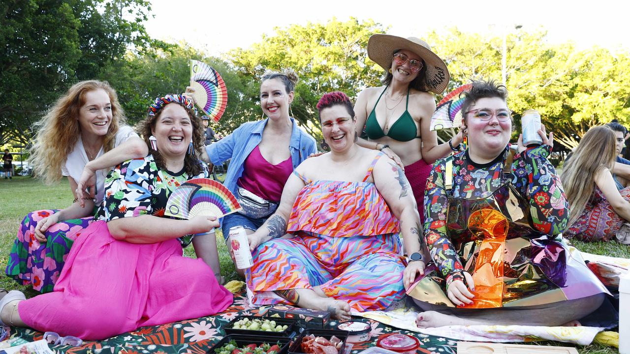 Emma McDonald, Jemma McCosker, Aleisha Bowden, Kaylah Schroeter, Tricia Beyer and Clare de Lune attend the Cairns Pride Evening of Light at Forgarty Park on Sunday, part the 2023 Cairns Pride Festival. Picture: Brendan Radke