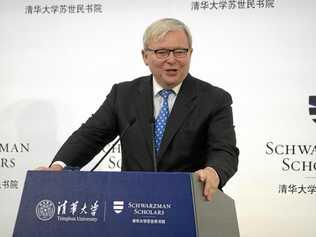 Former Australian Prime Minister Kevin Rudd speaks during a ceremony to officially open the Schwarzman Scholars program at Tsinghua University in Beijing, Saturday, Sept. 10, 2016. A new scholarship program intended to rival the prestigious Rhodes Scholarships and build understanding between China and the world opened its doors at Beijing's prestigious Tsinghua University on Saturday. Picture: Mark Schiefelbein