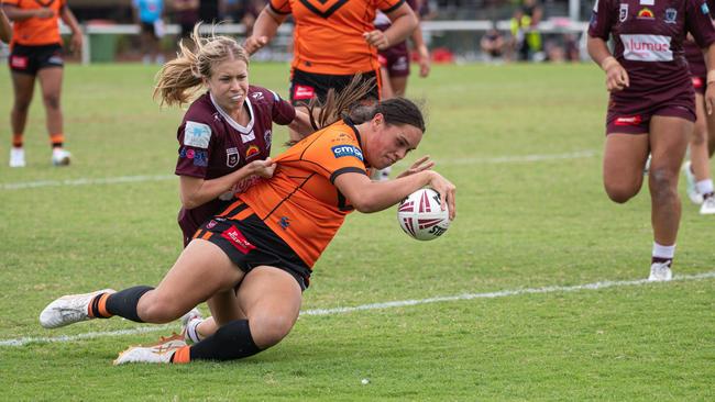 Brisbane Tigers' Harvey under-19 girls in action. They will play in the semi-final against Tweed. Picture courtesy of Dylan Fernley Media.