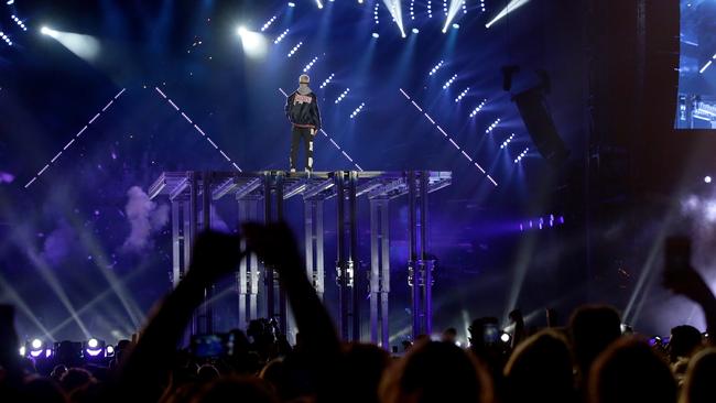 Justin Bieber on stage during his concert at ANZ Stadium in Homebush. Picture: Jonathan Ng