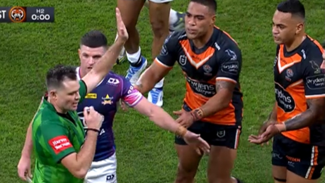 Wests Tigers were denied a win after the bunker ruled an escort play that gave the Cowboys a penalty. Townsend asking for the challenge.