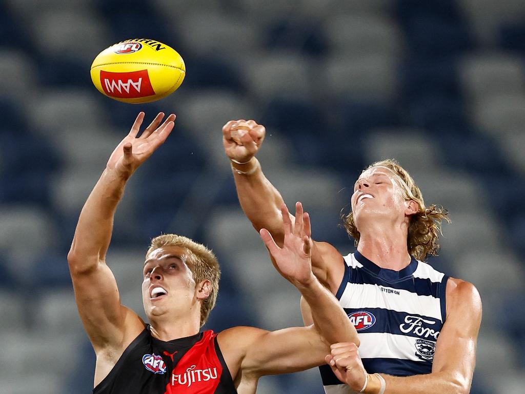 Nick Bryan wins a hitout against Sam De Koning. Picture: Michael Willson/AFL Photos via Getty Images