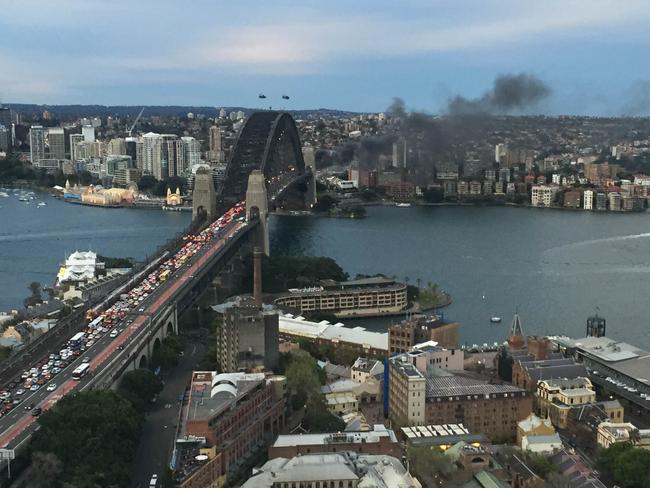 Smoke seen from the bus blaze on the Sydney Harbour Bridge.