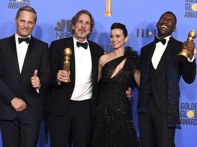 Viggo Mortensen, Peter Farrelly, Linda Cardellini and Mahershala Ali at the Golden Globes. Picture: AP