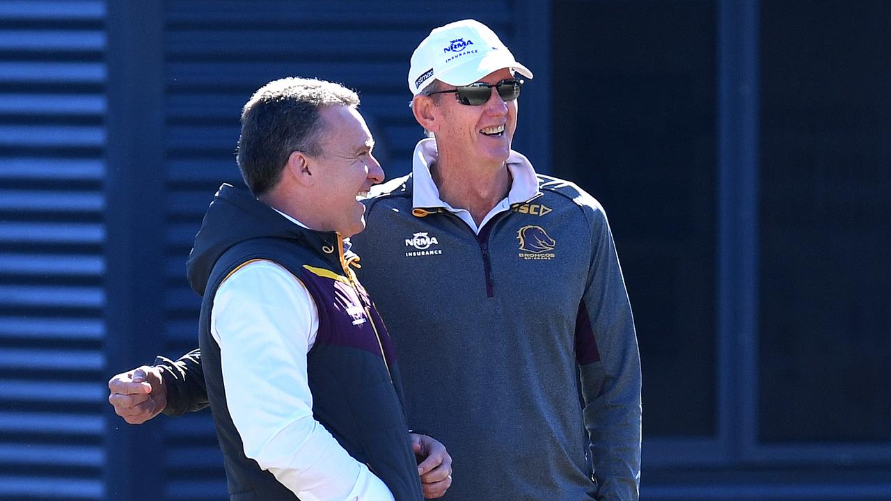 Brisbane Broncos coach Wayne Bennett (right) chats to the club's CEO Paul White during training in Brisbane, Thursday, August 10, 2017. Picture: Dan Peled