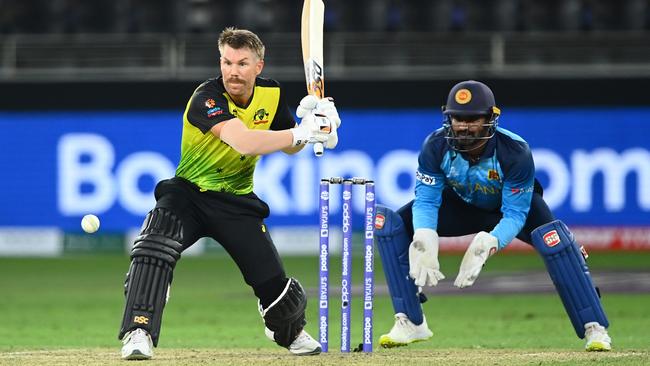 David Warner goes on the attack against Sri Lanka during the T20 World Cup in Dubai in 2021. Picture: Getty Images